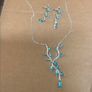 Blue Crystal Leaf necklace and earrings set